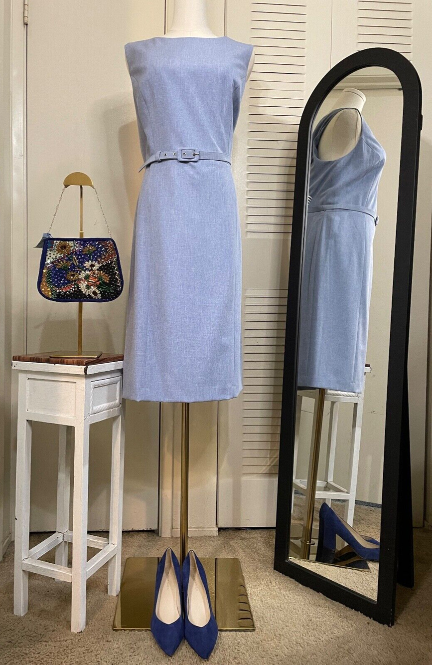 Nine West Sleeveless Sheath Dress With Fabric Belt Light Blue Size 16 Pre-owned